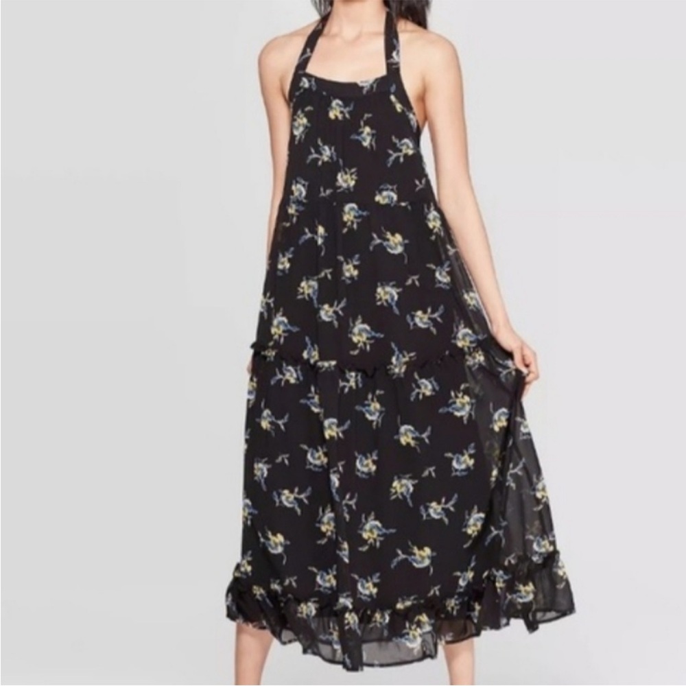 Halter Dress - Black with Blue and Yellow Flowers